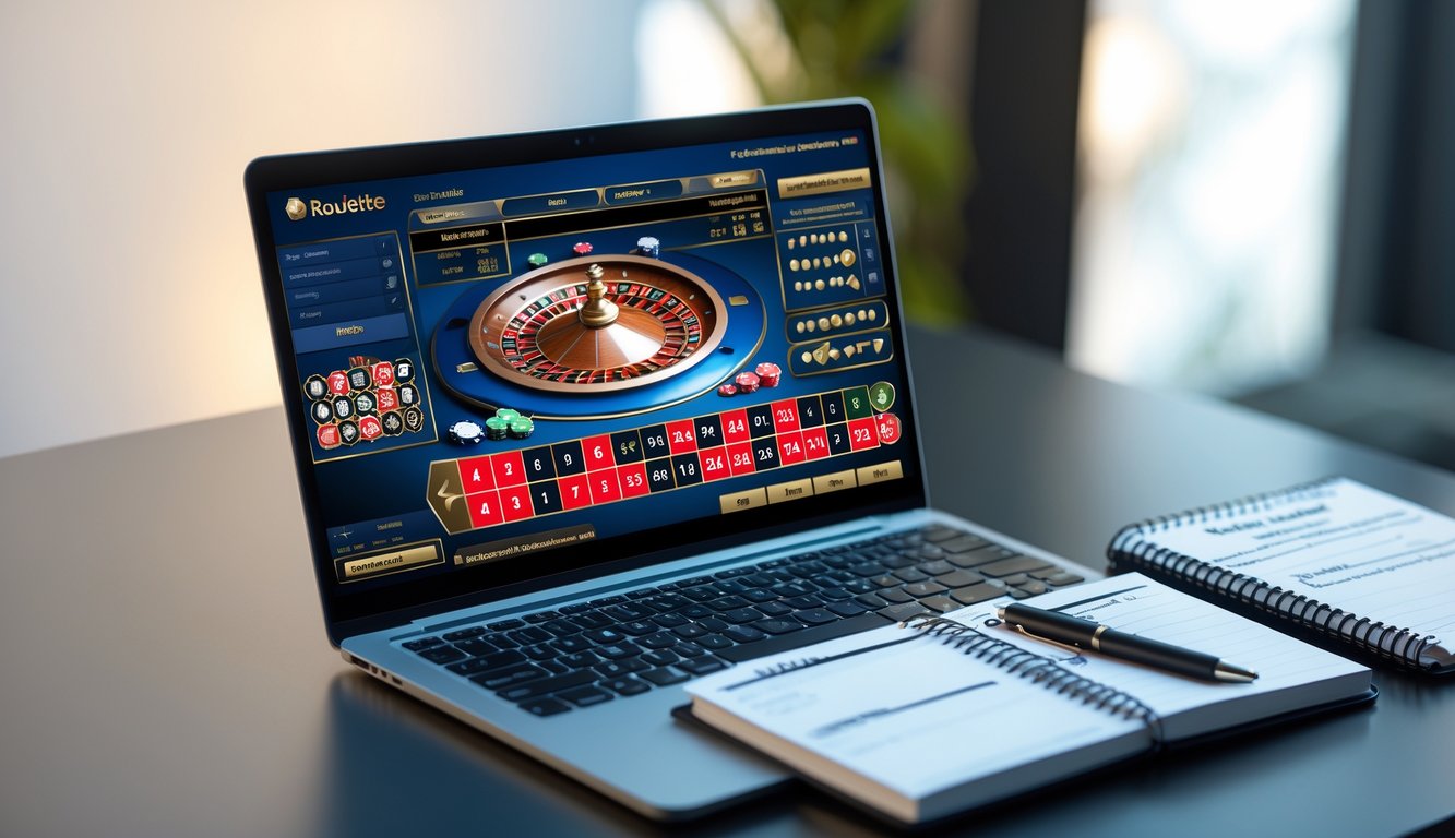 Seorang pemain menggunakan laptop dengan permainan roulette online dan catatan strategi di meja.