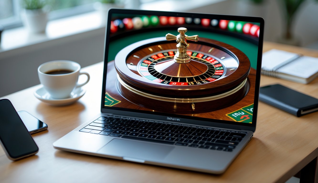 Layar laptop menampilkan permainan roulette online dengan roda roulette berwarna merah, hitam, dan hijau yang sedang berputar, di atas meja kayu dengan latar belakang ruang kerja santai.