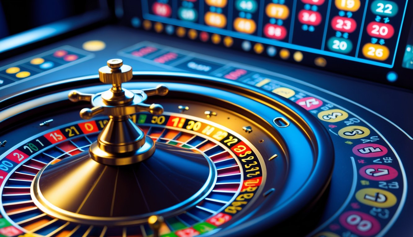 Sebuah meja roulette dengan roda berputar dan antarmuka digital yang menampilkan opsi taruhan dalam permainan roulette online.