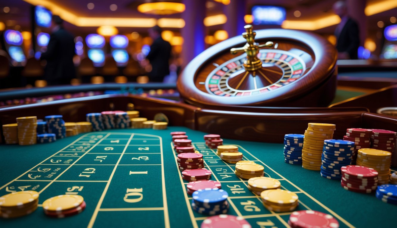 Meja roulette kasino dengan roda berputar dan chip taruhan berwarna-warni di atas meja hijau.