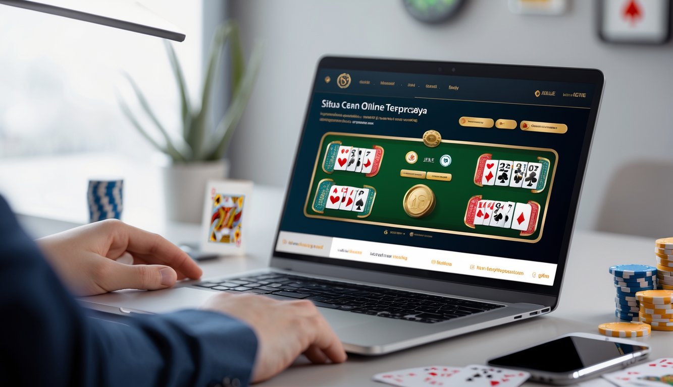 Seorang pria menggunakan laptop dengan tampilan permainan Ceme online di layar dalam suasana kerja yang modern dan profesional.