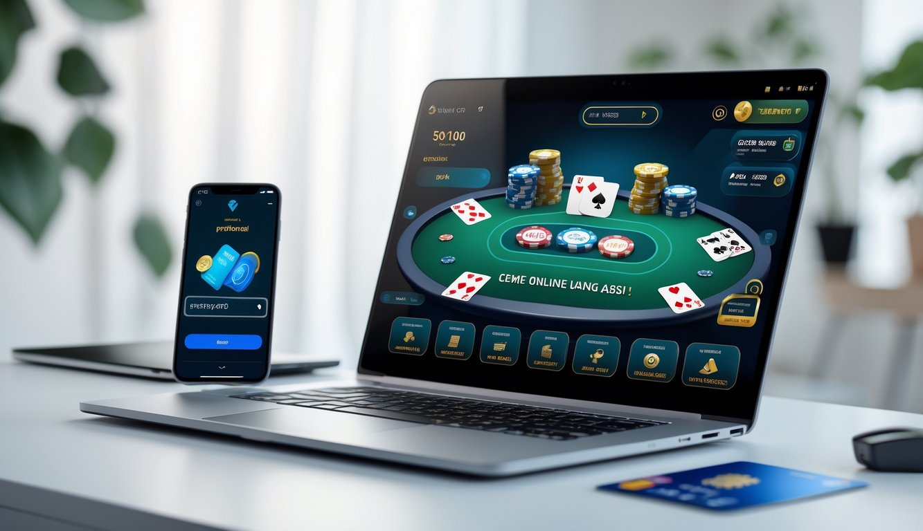 Seorang pria menggunakan laptop dan ponsel untuk bermain permainan kartu online dengan suasana ruang kerja modern.