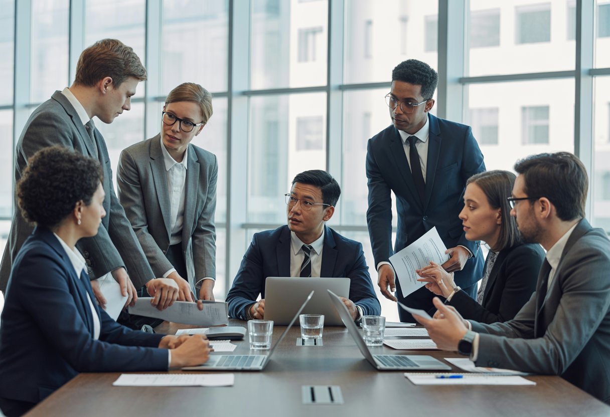 Een diverse groep zakelijke professionals bespreekt serieus werk in een moderne kantooromgeving.