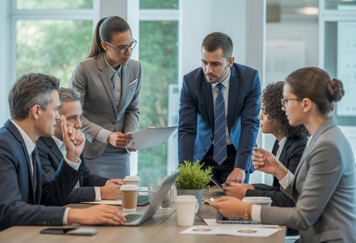 Een diverse groep zakelijke professionals bespreekt samen aan een vergadertafel in een moderne kantooromgeving.