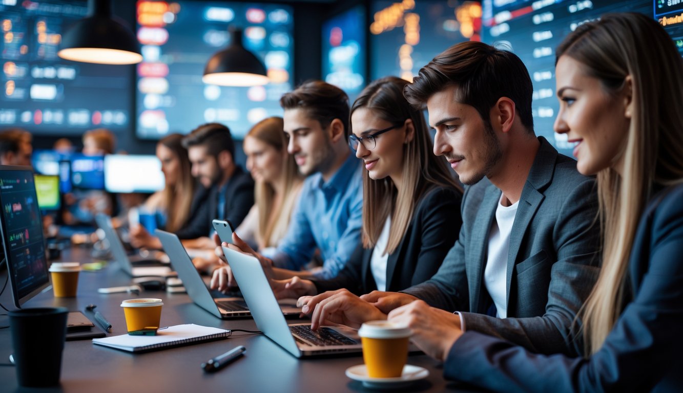 Sekelompok orang muda sedang menggunakan laptop dan ponsel di kantor modern yang terang, fokus pada permainan kartu online.