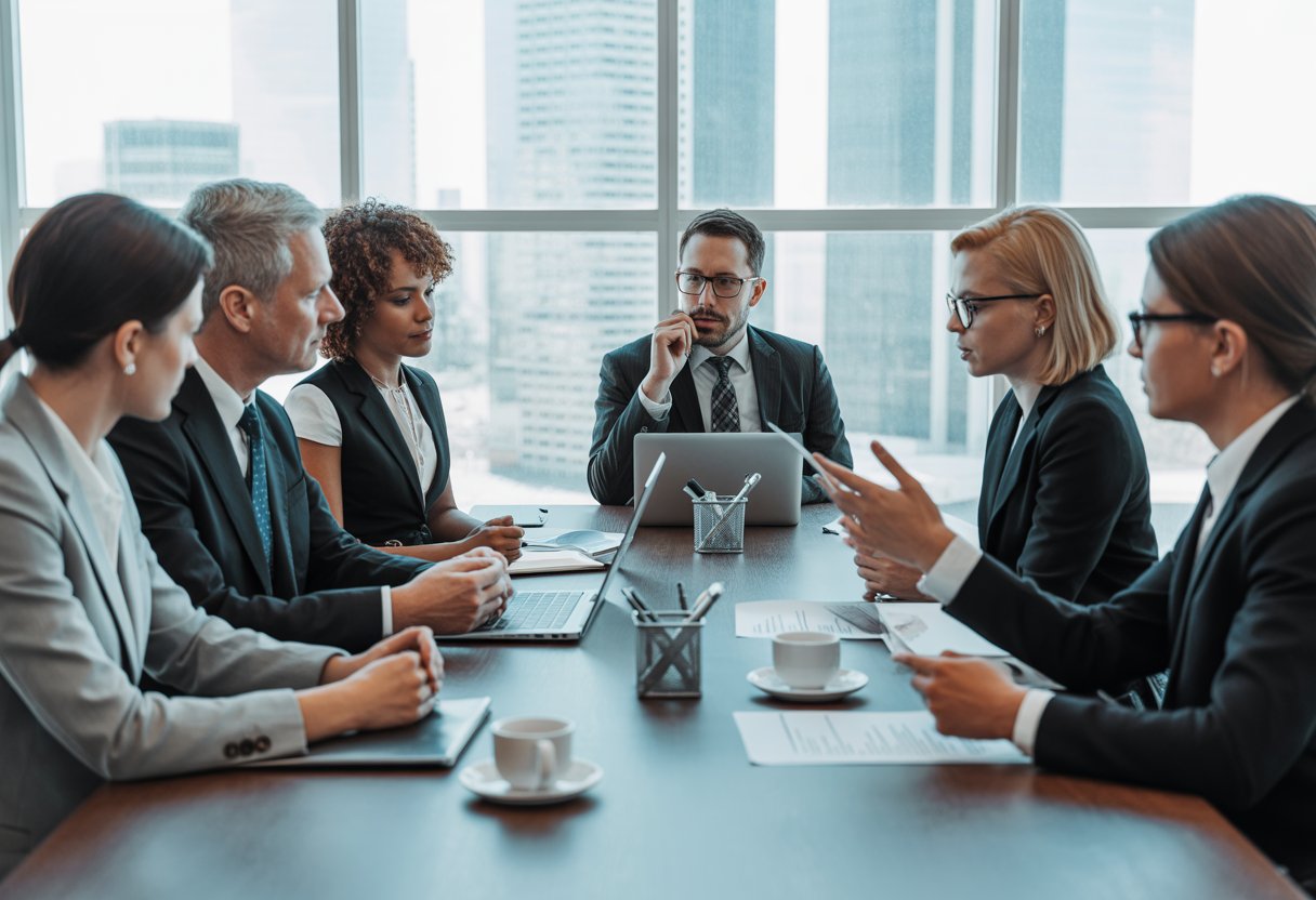 Een diverse groep zakelijke professionals bespreekt documenten aan een vergadertafel in een moderne kantoorruimte.