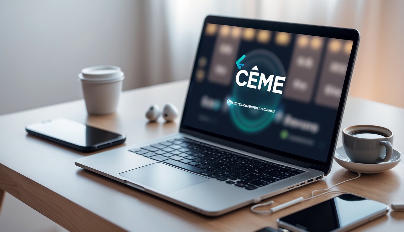 Seorang laptop di atas meja kayu dengan layar menampilkan permainan kartu digital, dikelilingi oleh smartphone dan cangkir kopi.