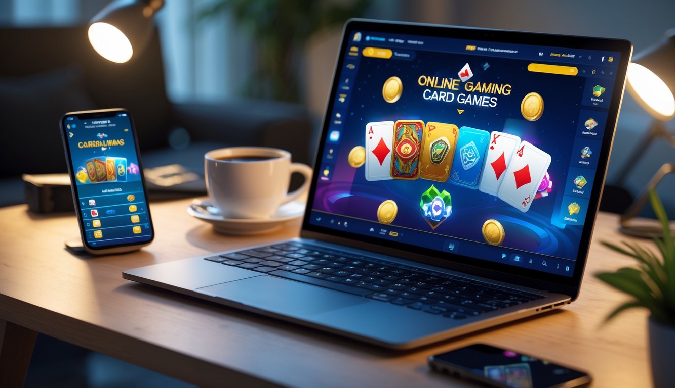 Meja kerja dengan laptop dan ponsel yang menampilkan permainan kartu online, dengan cahaya lembut dan suasana nyaman.