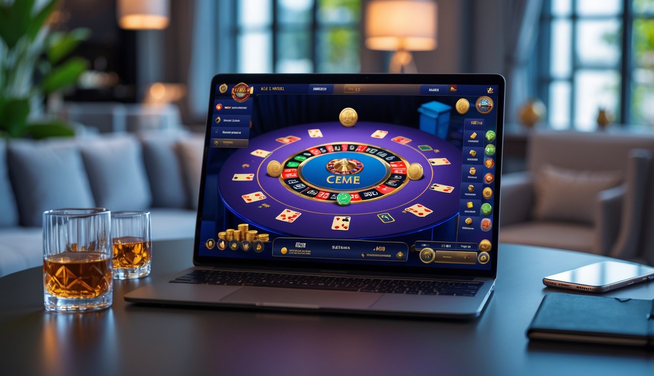 Suasana permainan judi Ceme online dengan meja permainan digital di layar laptop dan suasana ruangan yang nyaman.