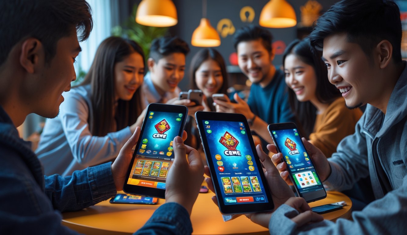 Sekelompok orang muda sedang bermain permainan kartu online menggunakan ponsel dan tablet di ruangan yang nyaman.