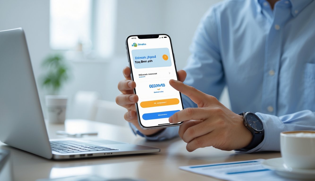 Seseorang menggunakan ponsel untuk melakukan transaksi deposit pulsa online tanpa potongan di ruang kerja yang rapi.