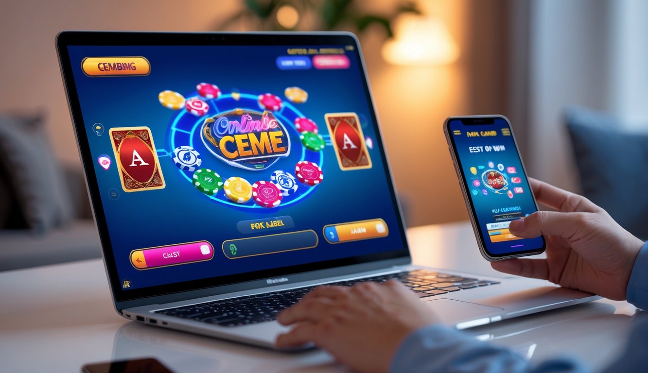 Seorang pria menggunakan laptop dan ponsel untuk bermain permainan Ceme online di meja kerja di rumah.