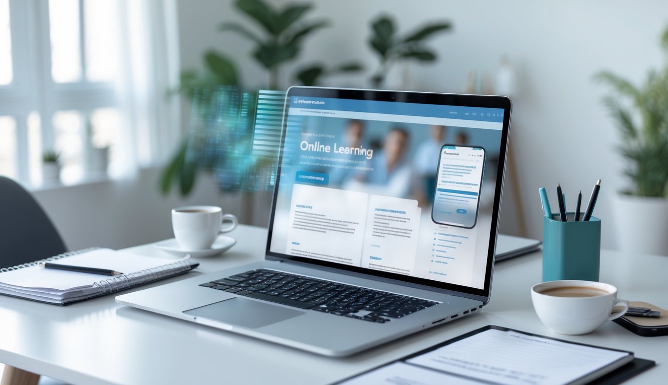 Seorang individu bekerja dengan laptop di meja rapi dengan alat tulis dan secangkir kopi di ruangan terang dan minimalis.