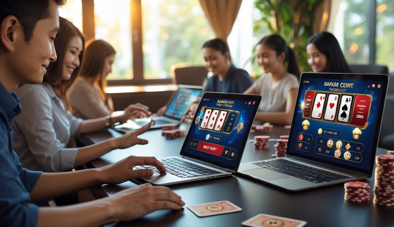 Beberapa orang menggunakan perangkat digital untuk bermain permainan kartu Bandar Ceme secara online di sebuah ruangan yang nyaman.