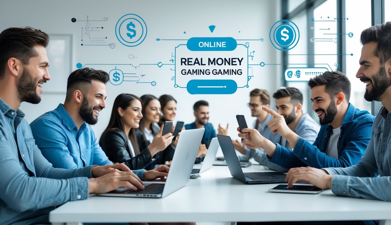 Orang-orang menggunakan laptop dan ponsel di ruang kerja modern sambil fokus pada permainan online dengan uang asli.