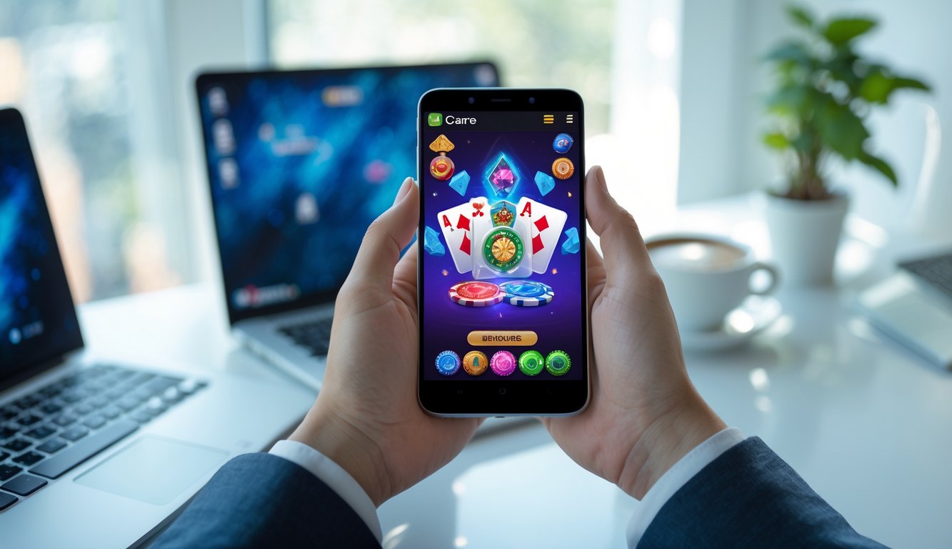 Seseorang memegang ponsel Android yang menampilkan permainan kartu ceme online di meja kerja dengan latar belakang samar dan cahaya alami.
