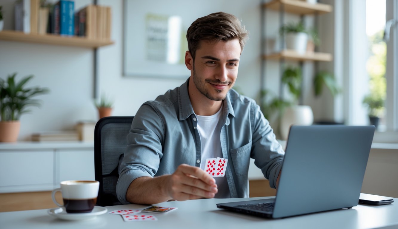 Seorang pria muda sedang bermain permainan kartu online di laptop di ruang kerja rumah yang terang dan rapi.