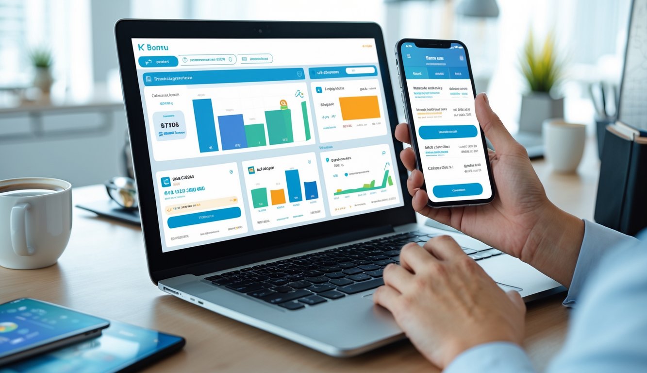 Seseorang menggunakan laptop dan ponsel di meja kerja modern dengan alat tulis dan secangkir kopi.