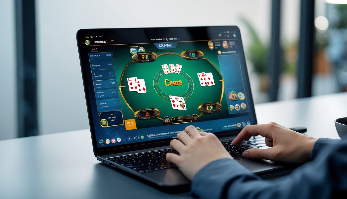 Seseorang sedang bermain permainan kartu Ceme secara online di depan laptop di ruang kerja yang rapi.