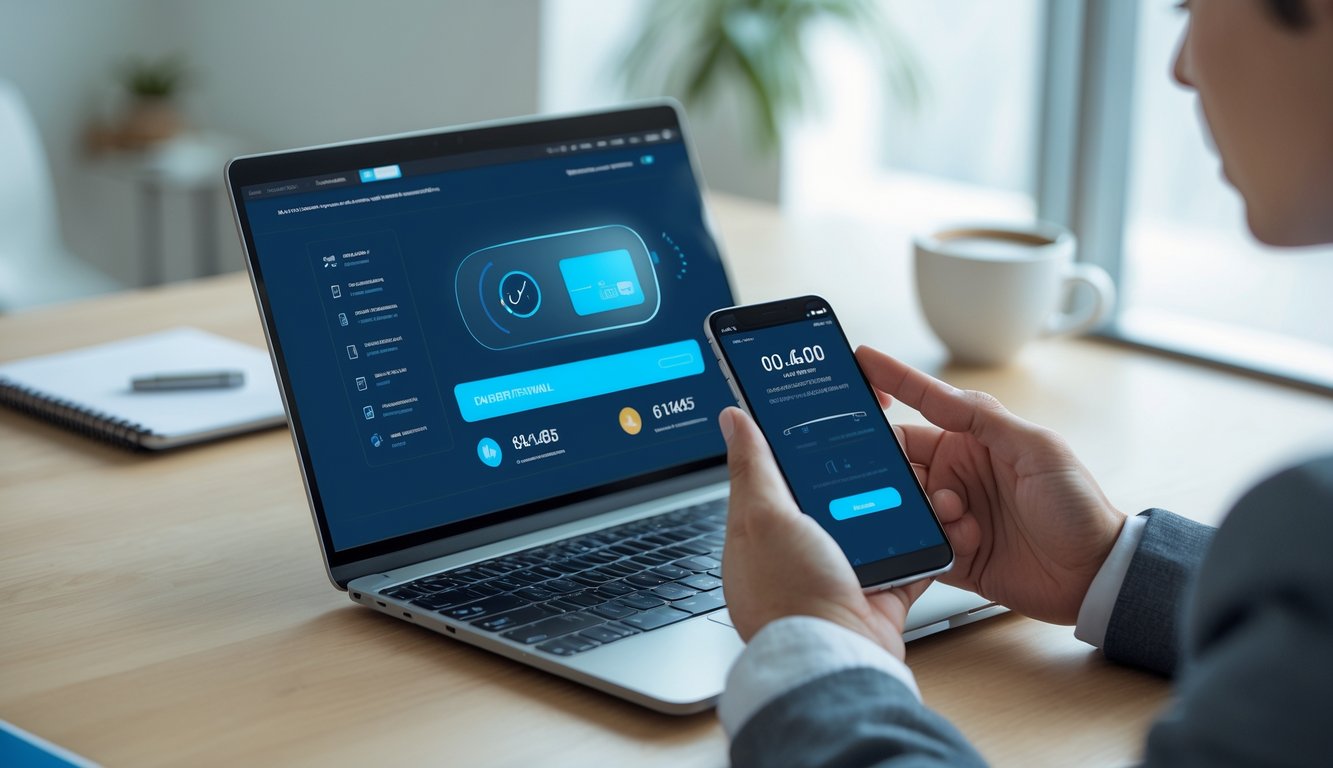 Seseorang menggunakan laptop dan ponsel untuk melakukan transaksi penarikan uang secara online dengan cepat di meja kerja.