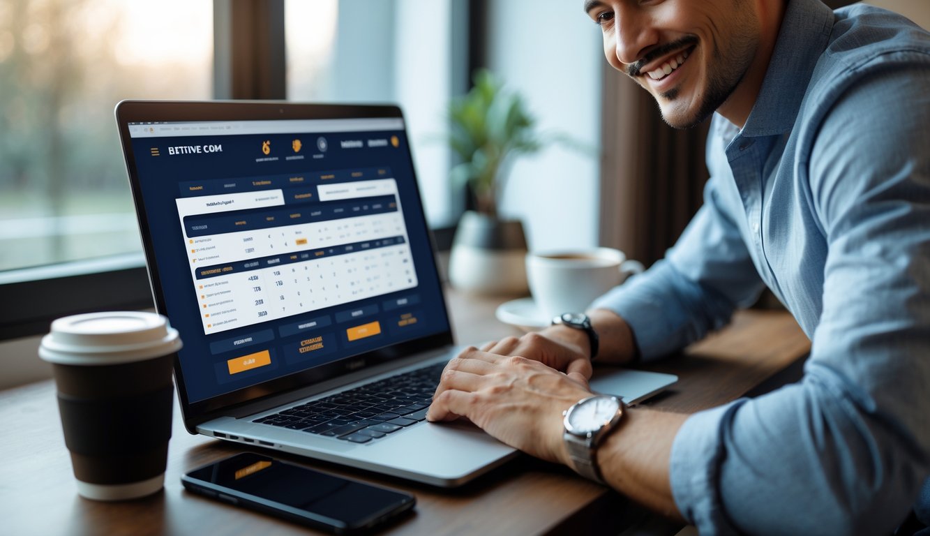 Seseorang duduk di depan laptop yang menampilkan antarmuka taruhan online dengan suasana ruang kerja yang rapi dan terang.