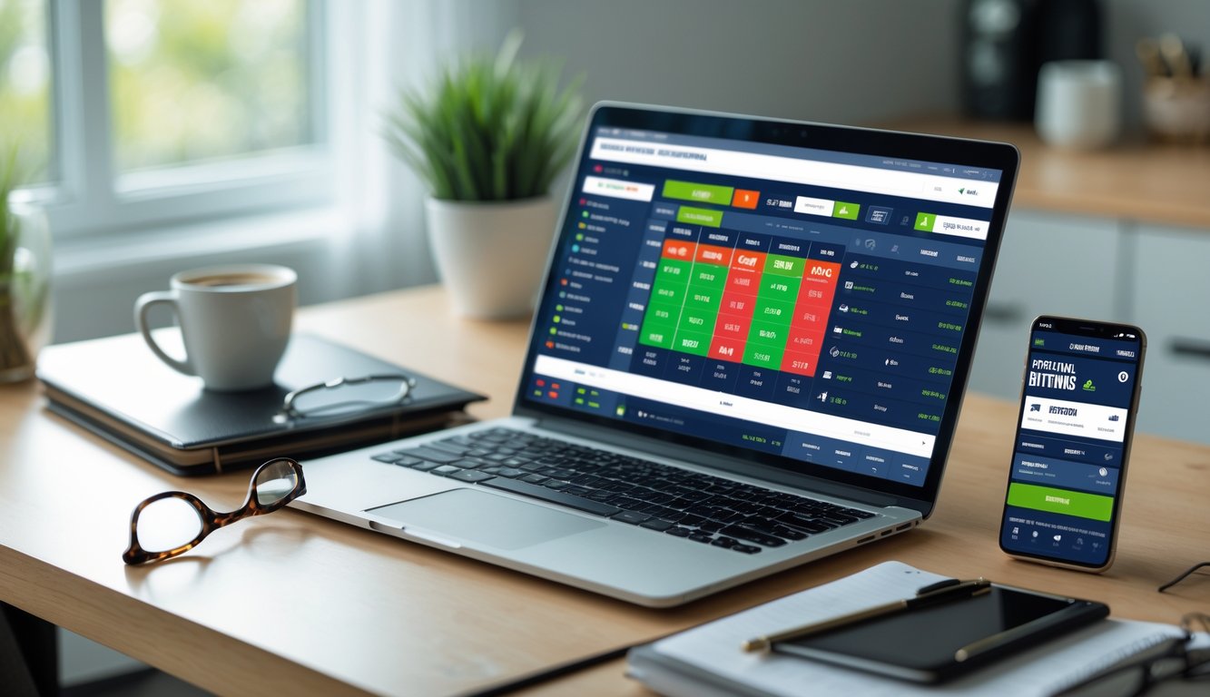 Seorang pria duduk di meja kerja dengan laptop dan ponsel yang menampilkan situs taruhan olahraga online.