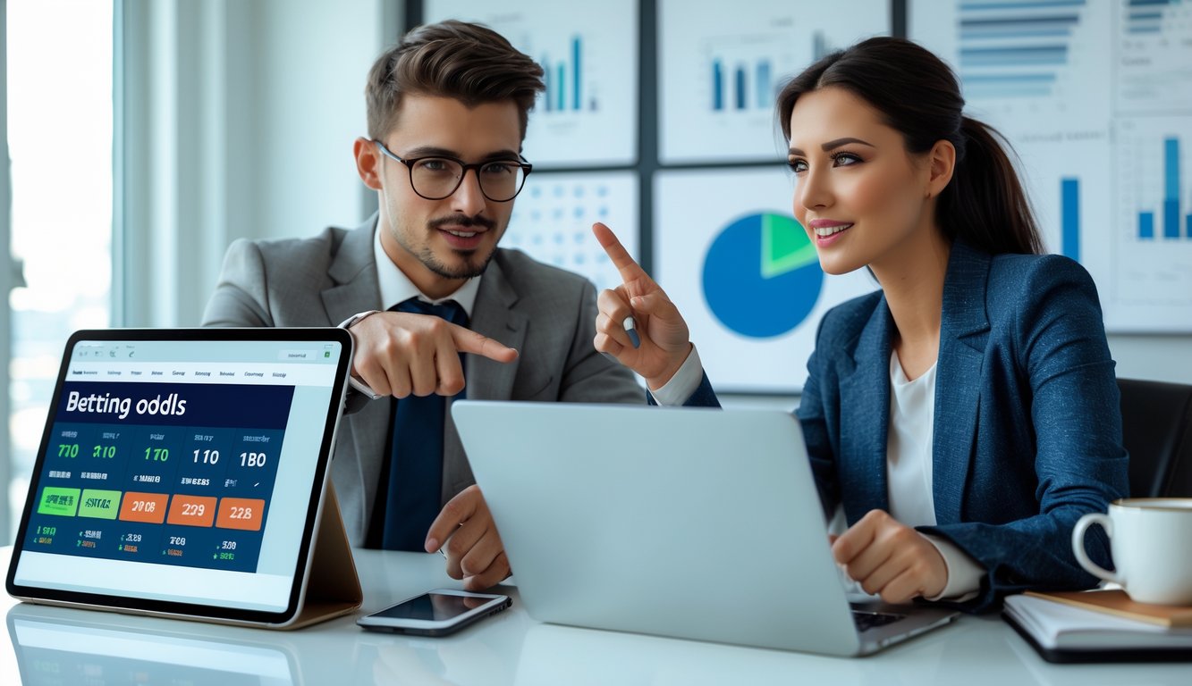 Dua orang muda sedang berdiskusi di depan perangkat digital dengan tampilan statistik taruhan di meja kerja yang rapi.