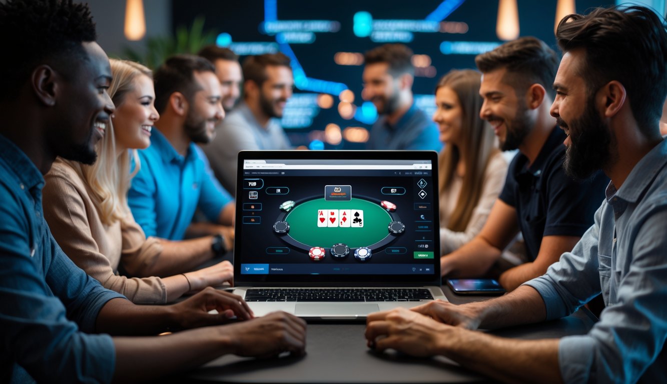 Orang-orang sedang bermain permainan kartu online di depan laptop dengan suasana modern dan terang.