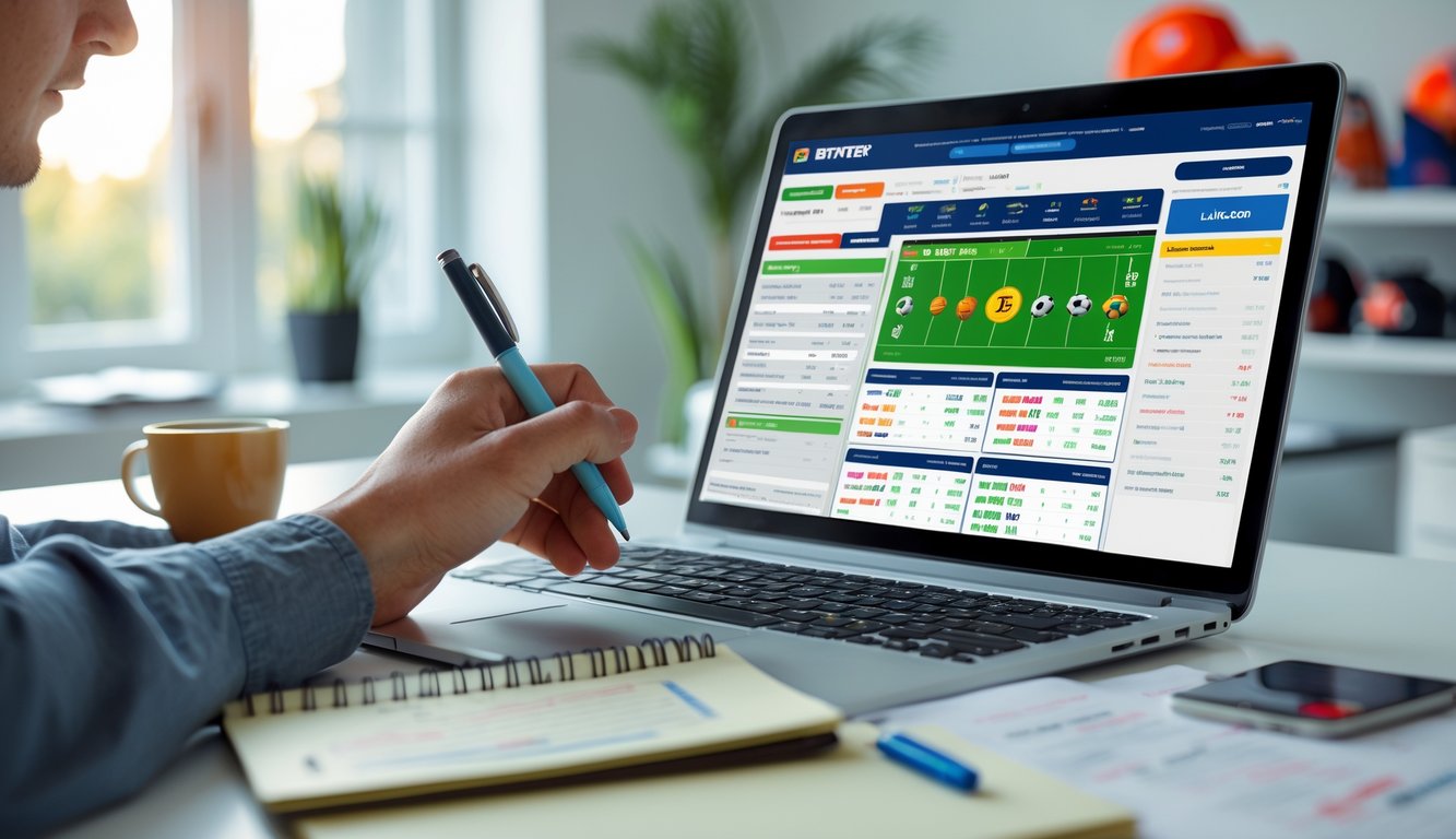 Seorang pemula sedang belajar memasang taruhan di depan laptop di ruang kerja rumah yang terang dan rapi.