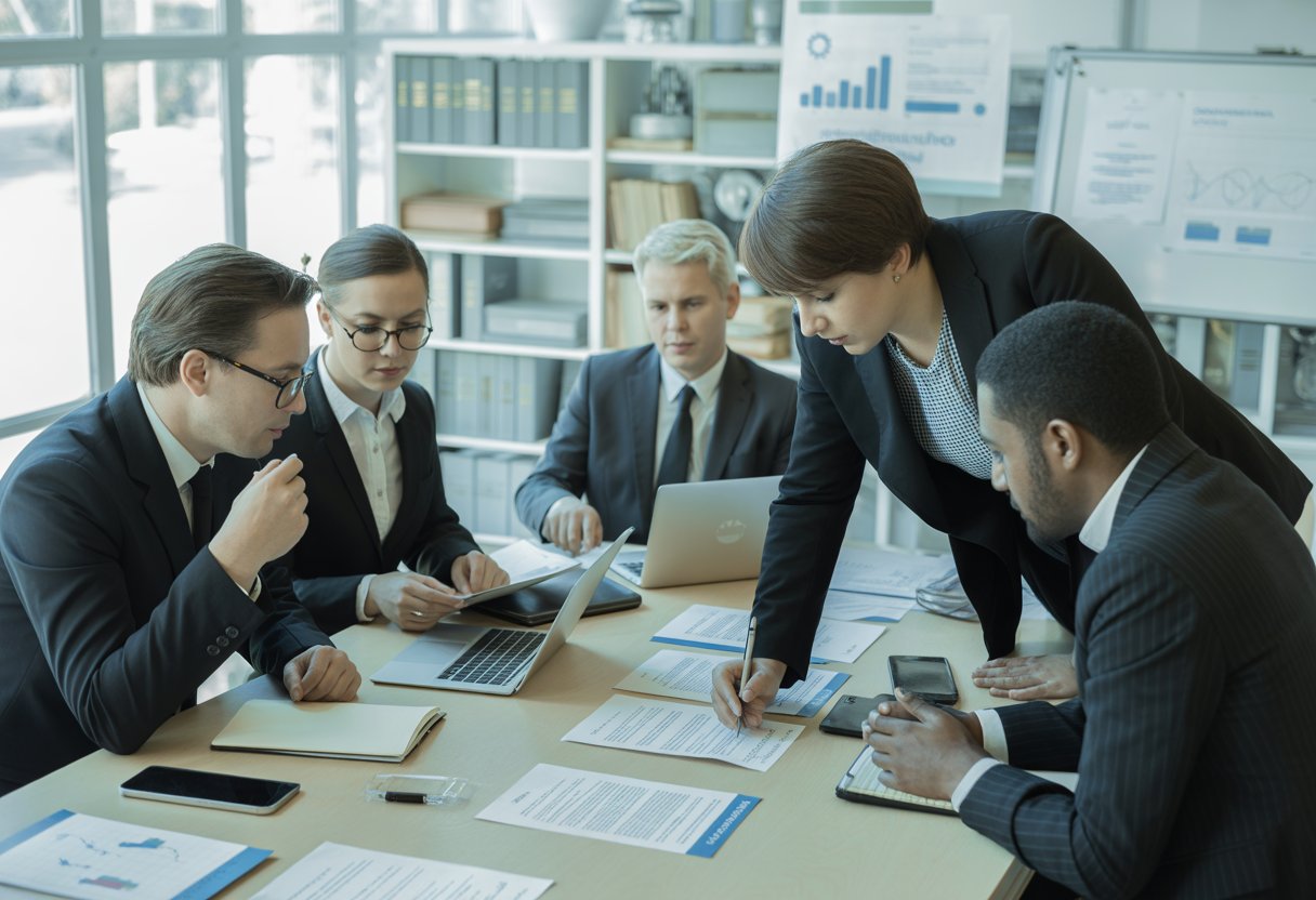Een groep zakelijke professionals die rond een tafel zitten en contracten en documenten bespreken in een kantooromgeving.
