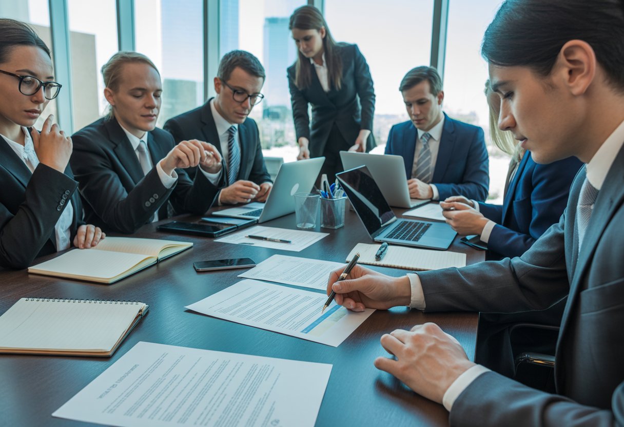 Een groep zakelijke professionals bespreekt contracten aan een vergadertafel in een kantoor.