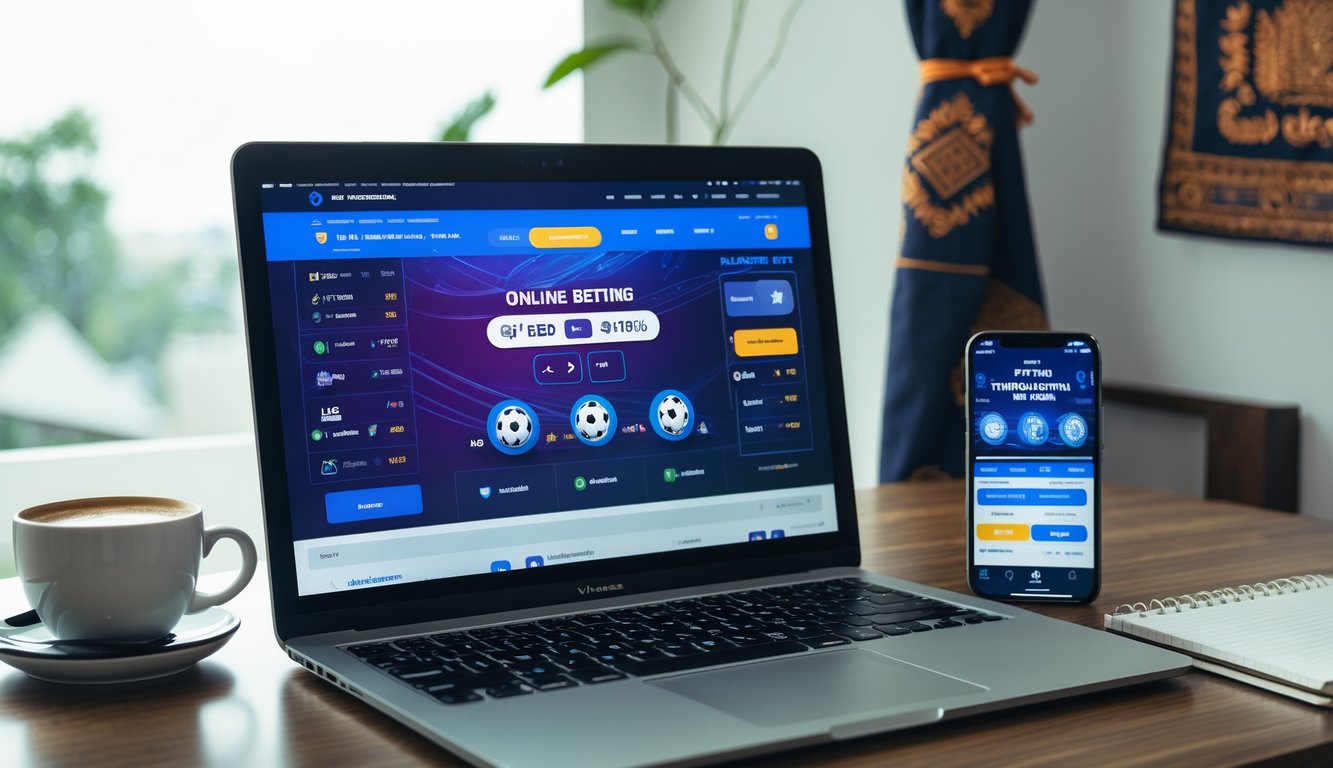 Seorang pria duduk di meja kerja dengan laptop dan ponsel yang menampilkan situs taruhan online, di latar belakang terdapat elemen dekorasi batik.