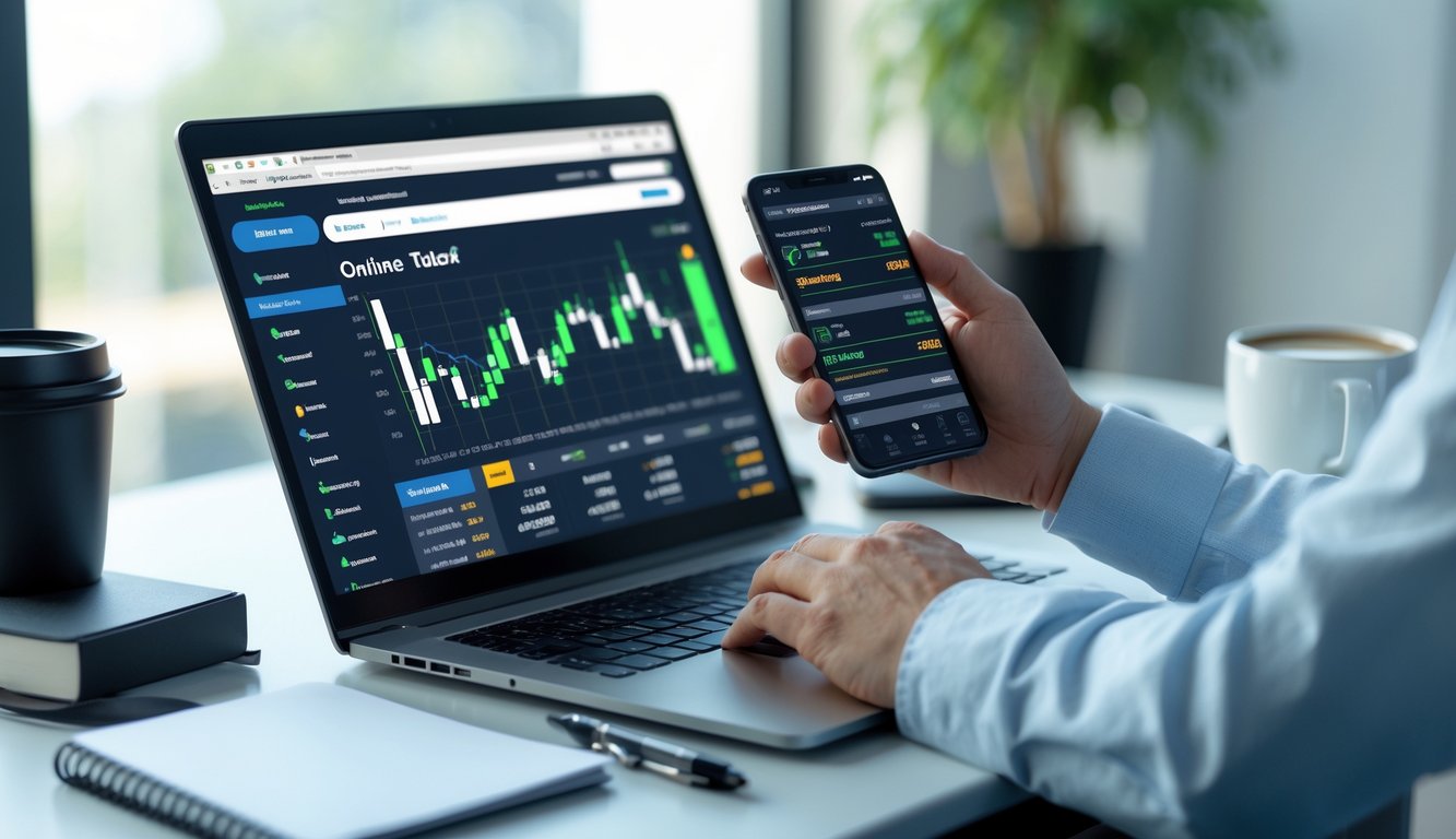 Seseorang sedang menggunakan laptop dan ponsel di meja kerja untuk belajar cara memasang taruhan online.