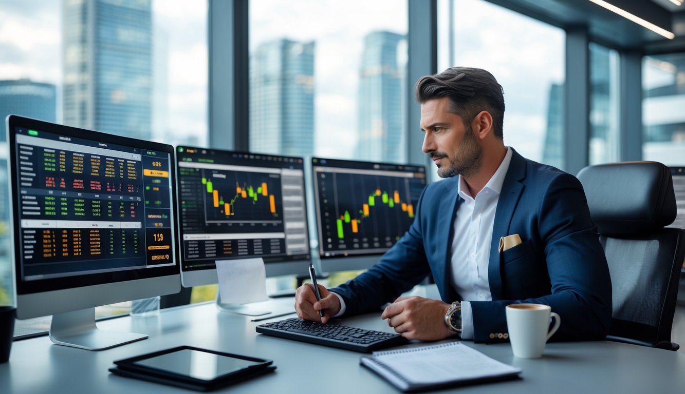 Seorang pria berpakaian rapi duduk di meja kerja dengan beberapa monitor komputer yang menampilkan data taruhan olahraga, sambil mencatat dan menganalisis informasi.