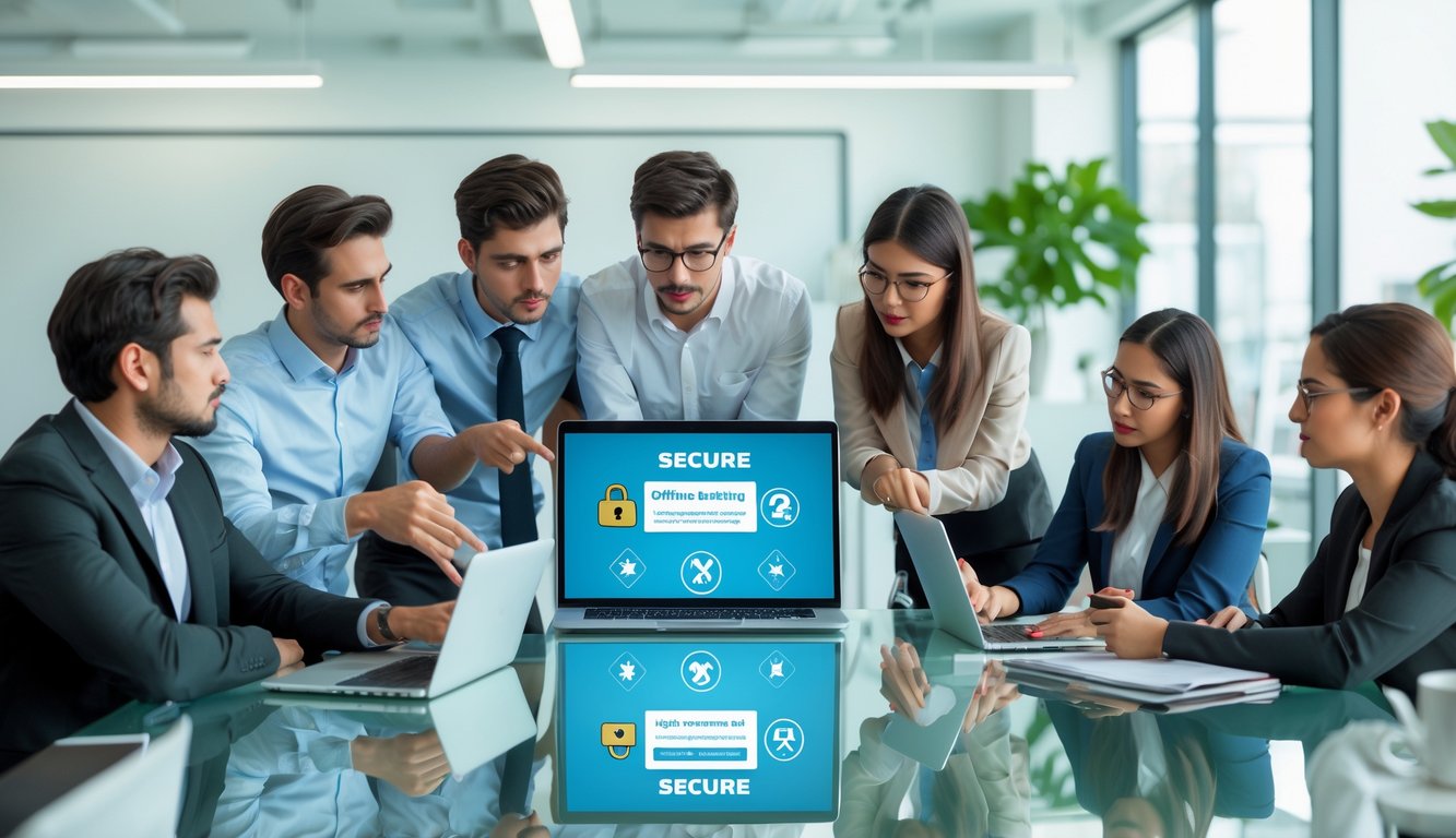 Sekelompok profesional muda sedang berdiskusi di kantor modern dengan perangkat digital yang menampilkan situs taruhan online yang aman.