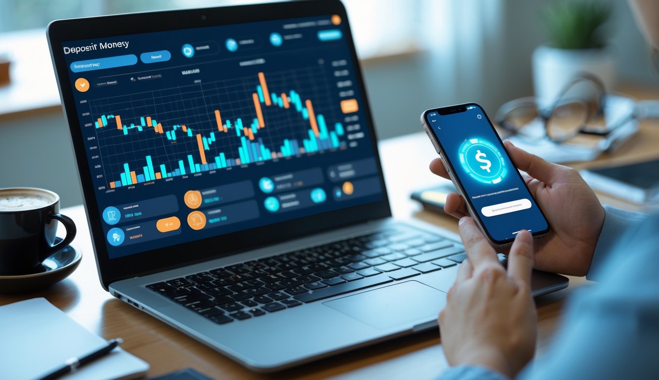 Seseorang menggunakan laptop dan ponsel di meja kerja untuk melakukan transaksi keuangan online.