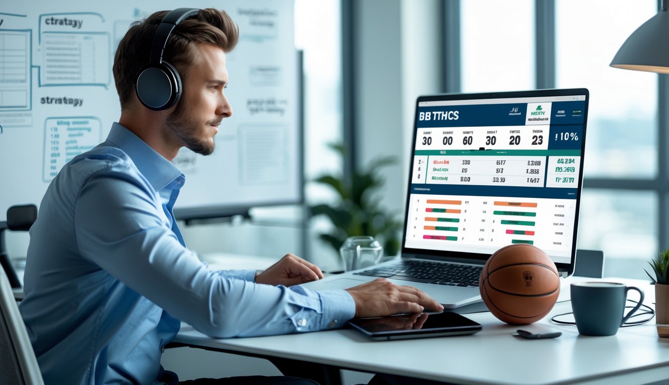 Seseorang duduk di meja modern dengan laptop yang menampilkan grafik peluang taruhan, dikelilingi barang-barang olahraga seperti bola sepak dan bola basket, di dalam ruangan kantor yang terang.