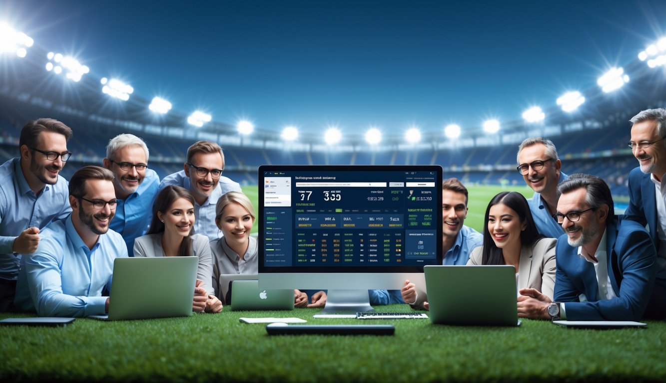 Sekelompok orang sedang melihat layar digital dengan statistik pertandingan sepak bola di latar belakang stadion yang terang benderang.