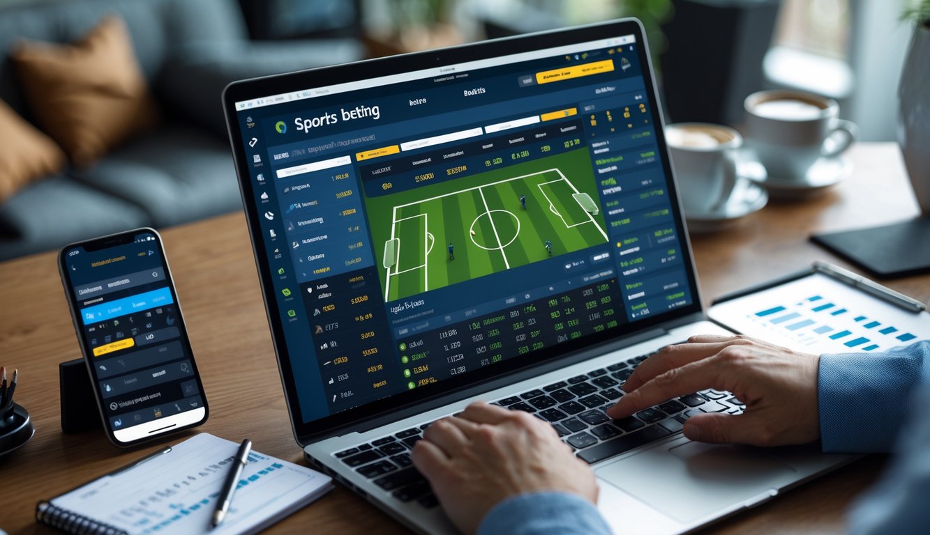Seseorang menggunakan laptop dengan tampilan taruhan olahraga online di meja kerja modern.
