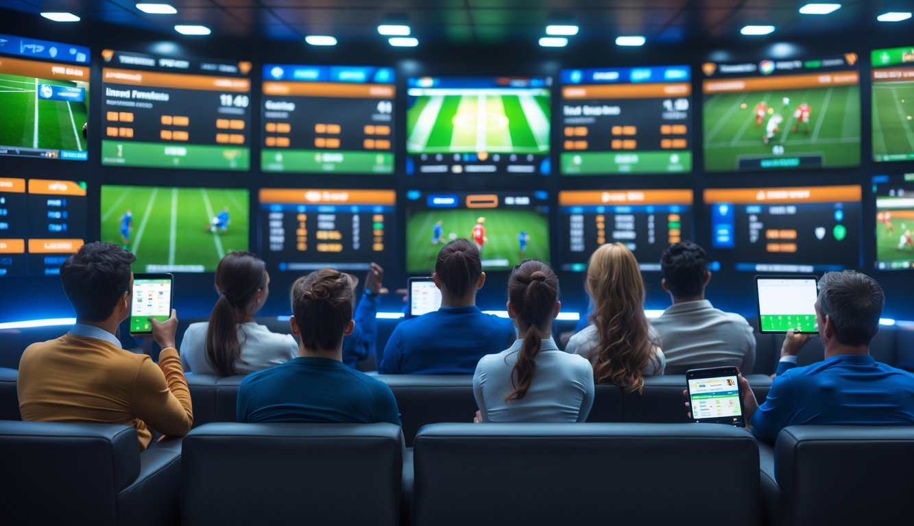 Sekelompok orang menonton pertandingan sepak bola di layar besar di ruang taruhan olahraga yang modern dan nyaman.