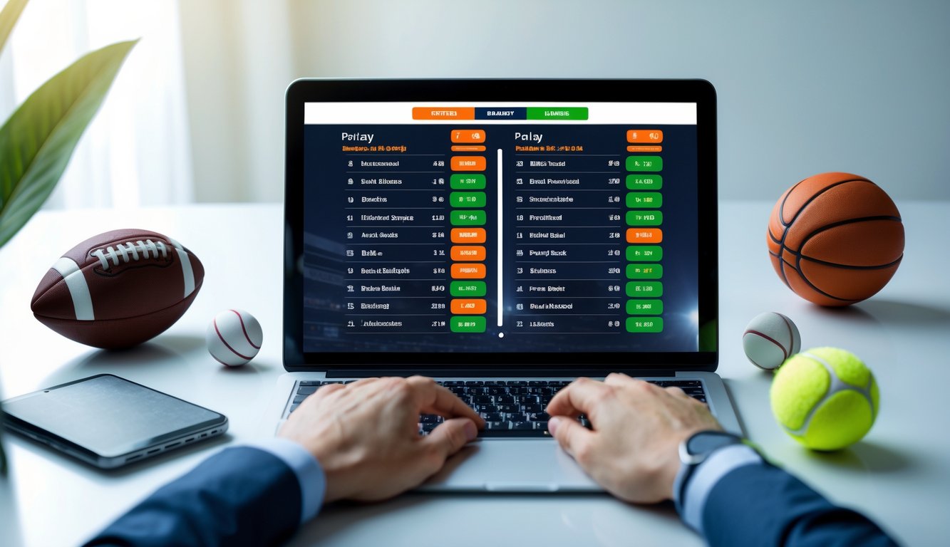 Seseorang menggunakan laptop di meja dengan bola sepak, bola basket, dan bola tenis di sekitarnya, menampilkan aktivitas taruhan olahraga online.