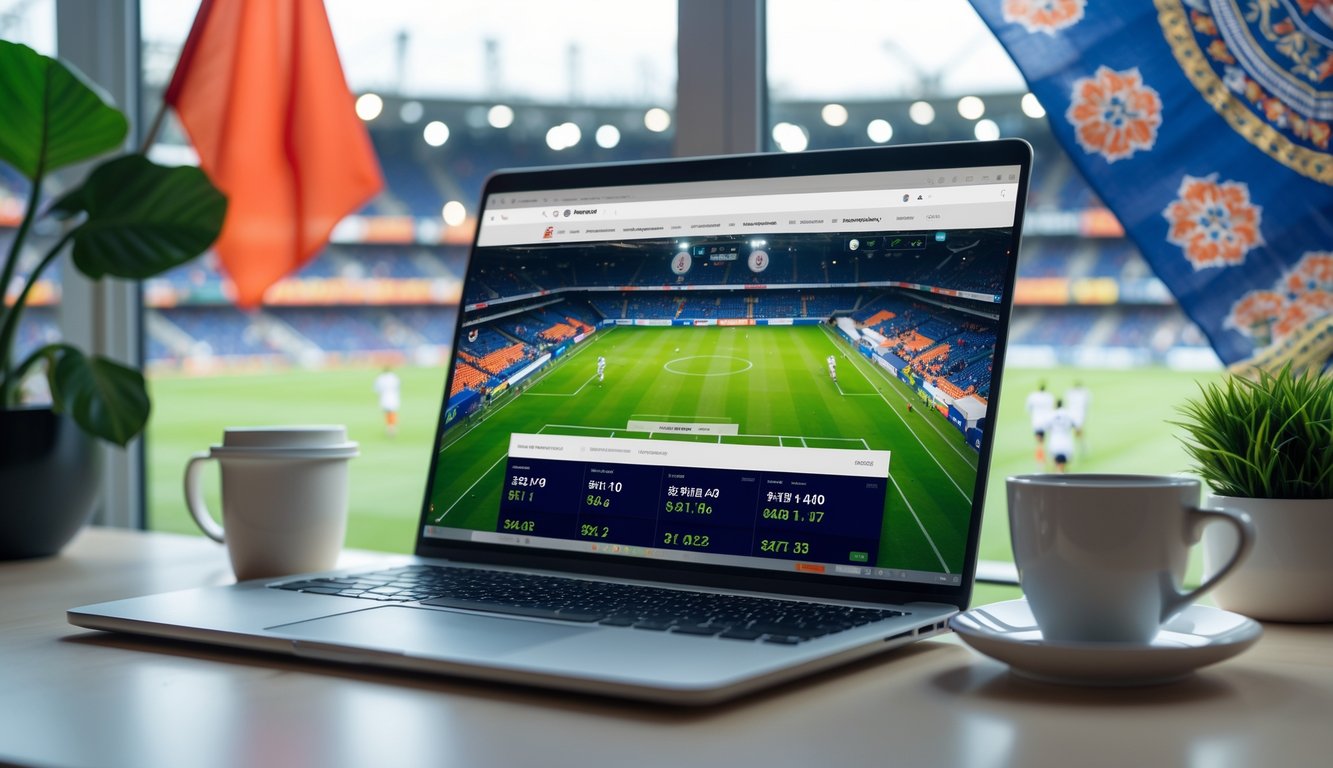 Seorang pengguna duduk di depan laptop dengan tampilan situs taruhan bola, dikelilingi oleh elemen budaya Indonesia dan latar belakang stadion sepak bola yang samar.