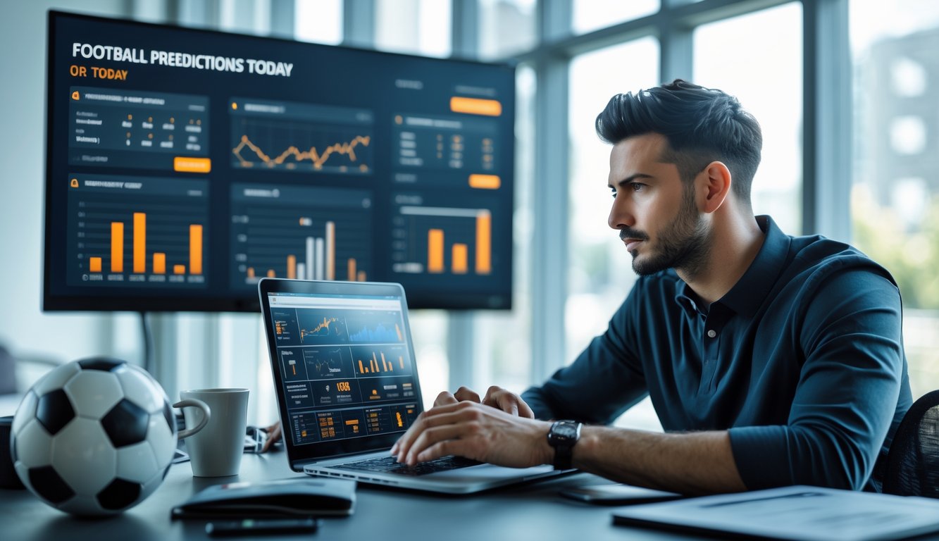 Seorang analis olahraga yang sedang bekerja di depan layar digital dengan statistik dan grafik sepak bola di kantor modern.
