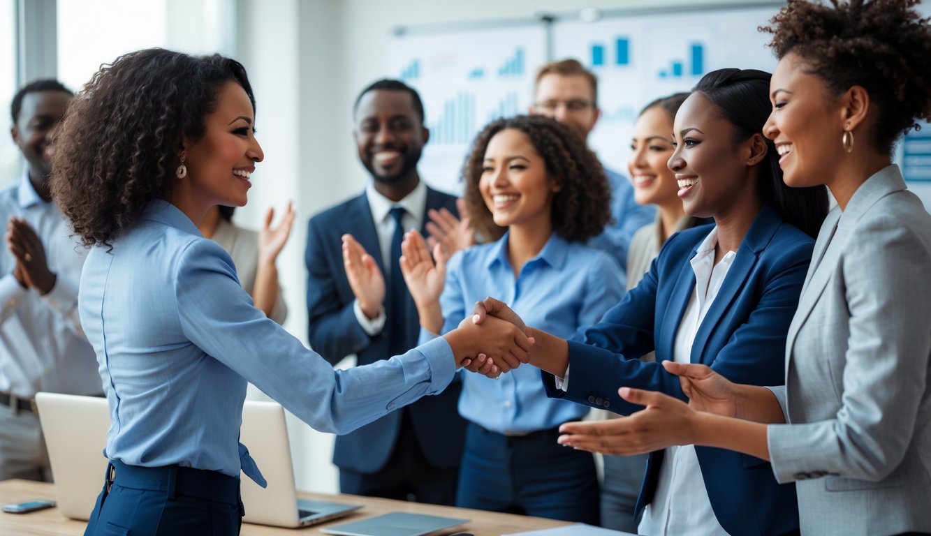 Sekelompok orang di kantor modern sedang saling berjabat tangan dan tersenyum sambil merayakan anggota baru dalam tim.