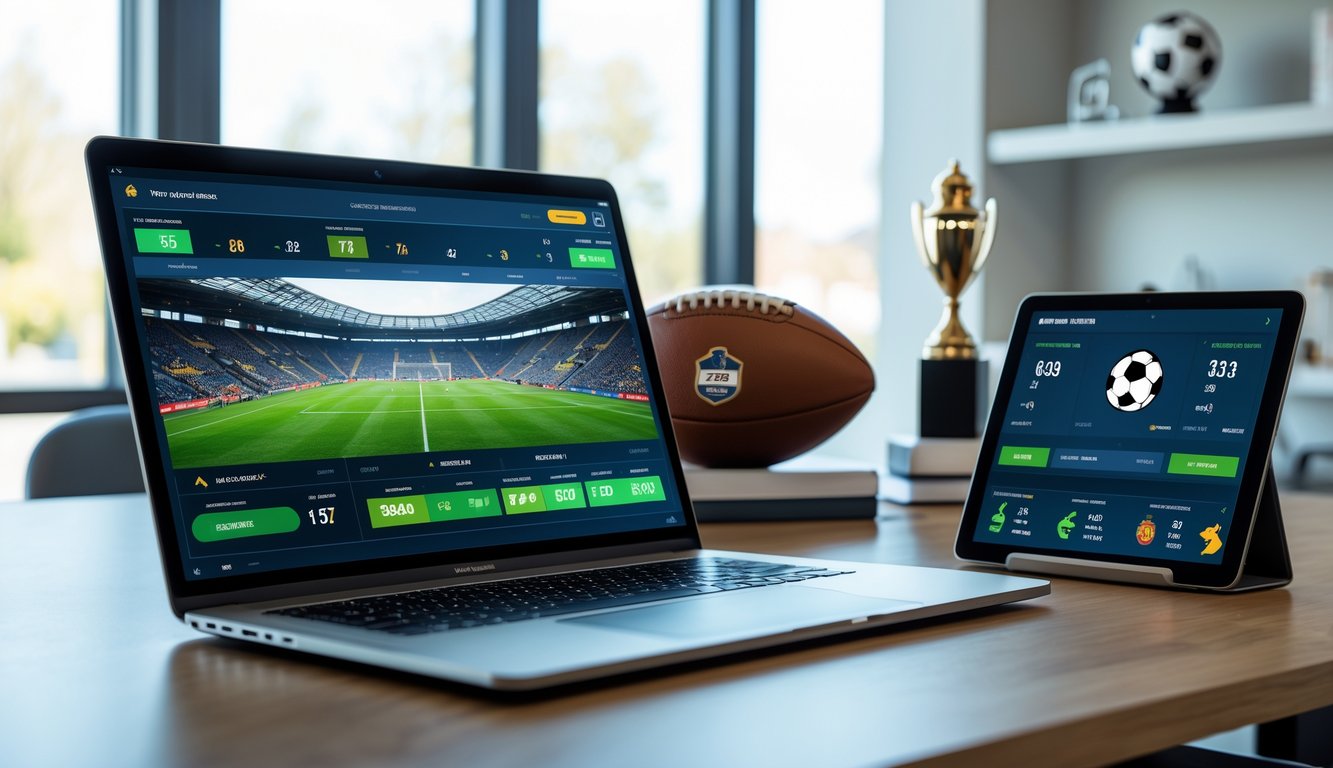 Meja kerja modern dengan laptop yang menampilkan pertandingan sepak bola, ponsel dan tablet dengan grafik taruhan olahraga, serta latar belakang kantor dengan perlengkapan sepak bola.