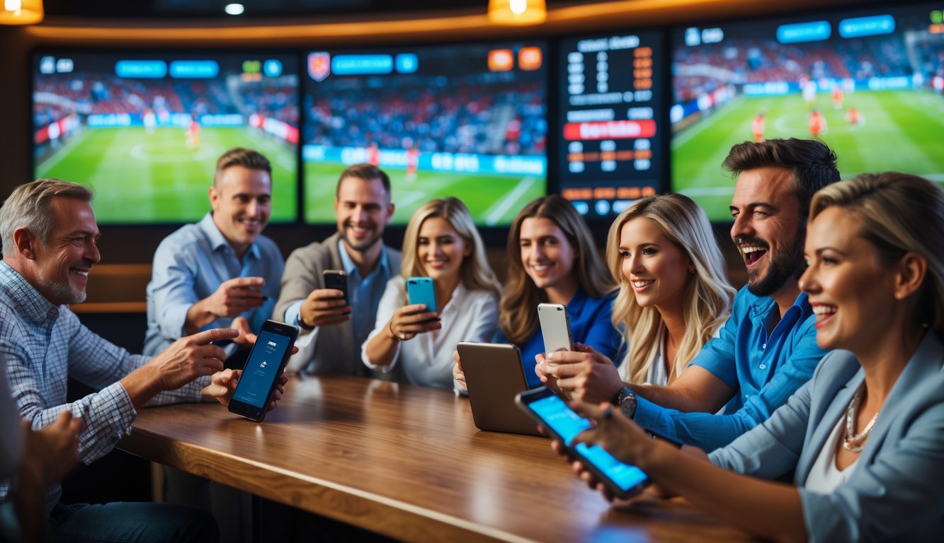 Sekelompok orang di bar olahraga sedang menonton pertandingan sepak bola langsung dan menggunakan perangkat elektronik untuk bertaruh.