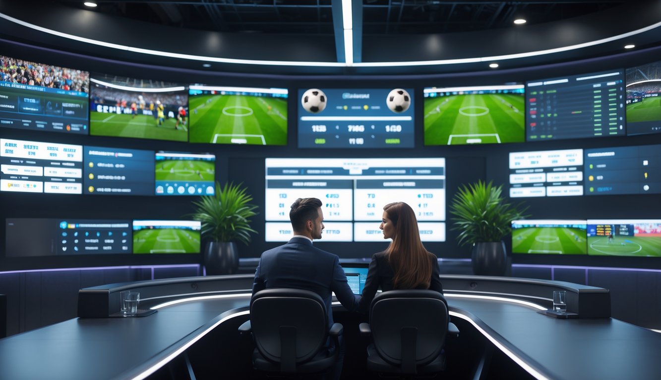 Dua orang sedang duduk di meja dengan beberapa layar besar menampilkan berbagai pertandingan olahraga secara langsung.