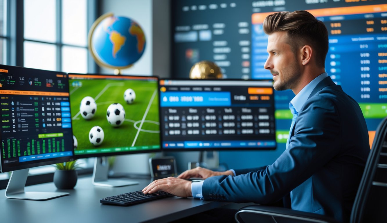 Seorang pria duduk di depan beberapa monitor komputer yang menampilkan pertandingan sepak bola dan data taruhan dalam sebuah kantor modern.