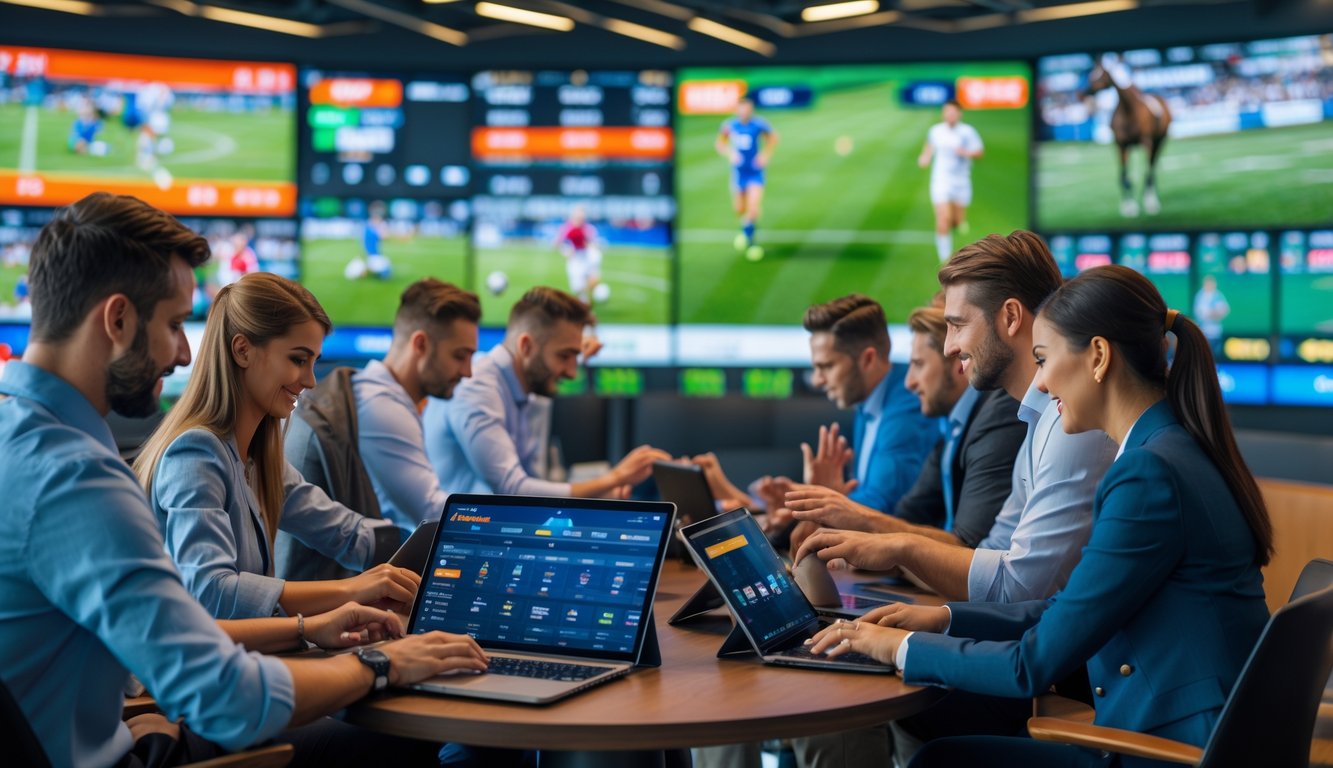 Beberapa orang menggunakan perangkat elektronik untuk bertaruh pada berbagai pertandingan olahraga di sebuah ruangan modern dengan layar besar yang menampilkan pertandingan langsung.