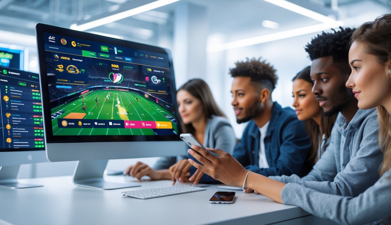 Orang-orang muda menggunakan komputer dan ponsel pintar untuk memasang taruhan olahraga di lingkungan kantor modern.